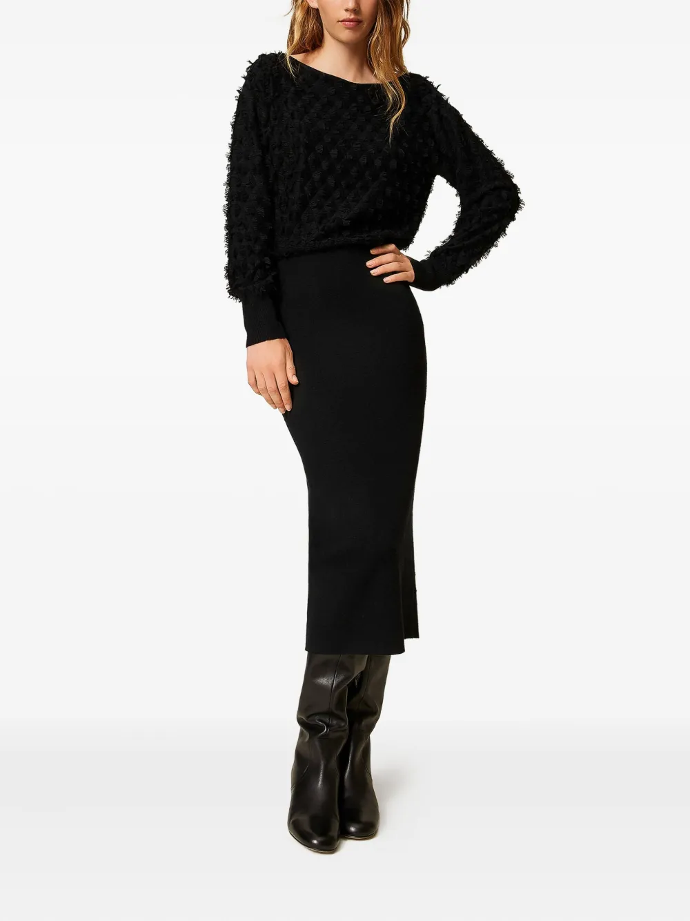 TWINSET Midi-jurk met franje en textuur - Zwart