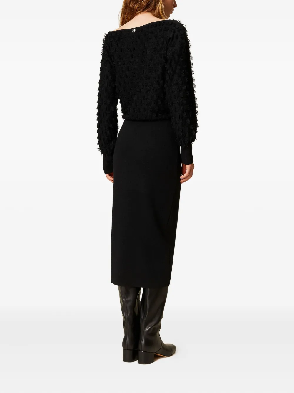 TWINSET Midi-jurk met franje en textuur Zwart
