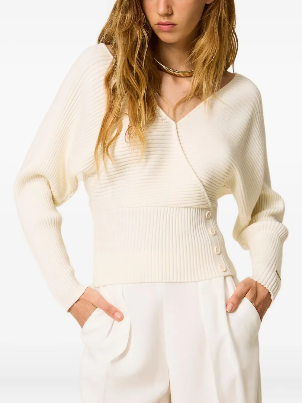 TWINSET Ribgebreide trui met gekruiste voorkant Wit