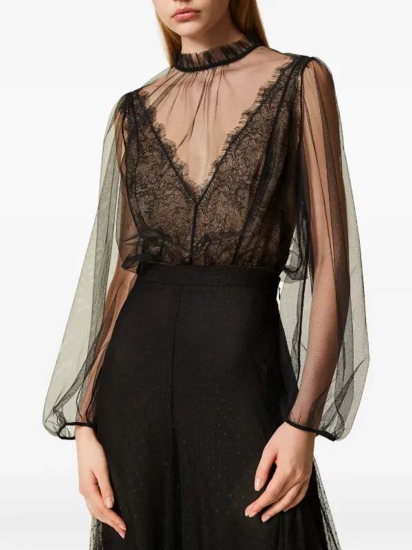 TWINSET lace-detail Tulle Bodysuit Black FARFETCH IE