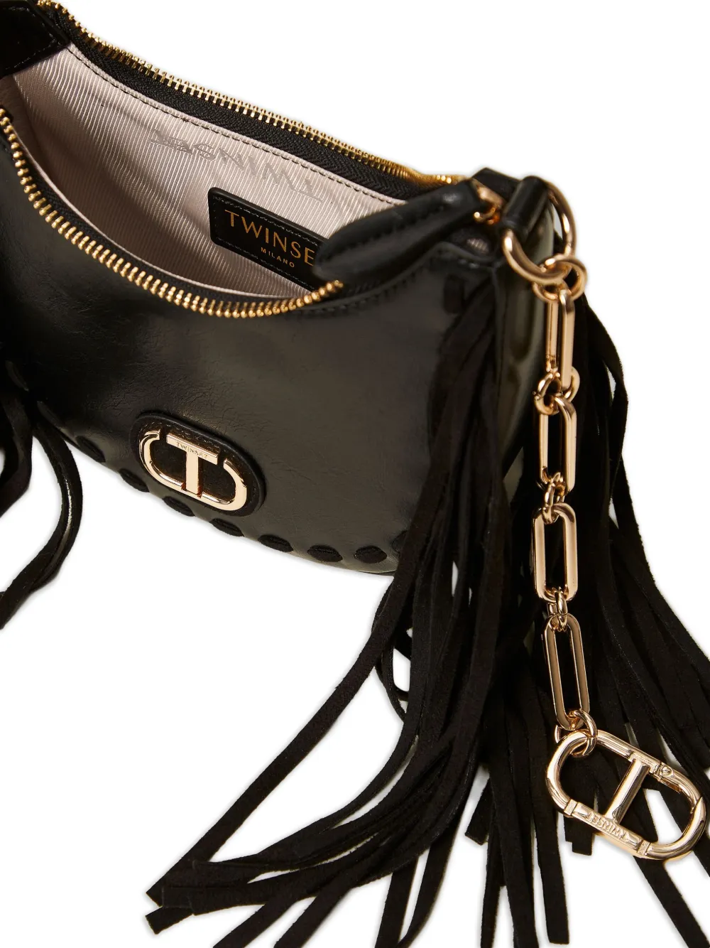 Twinset Fringe Chain Shoulder Bag In Black