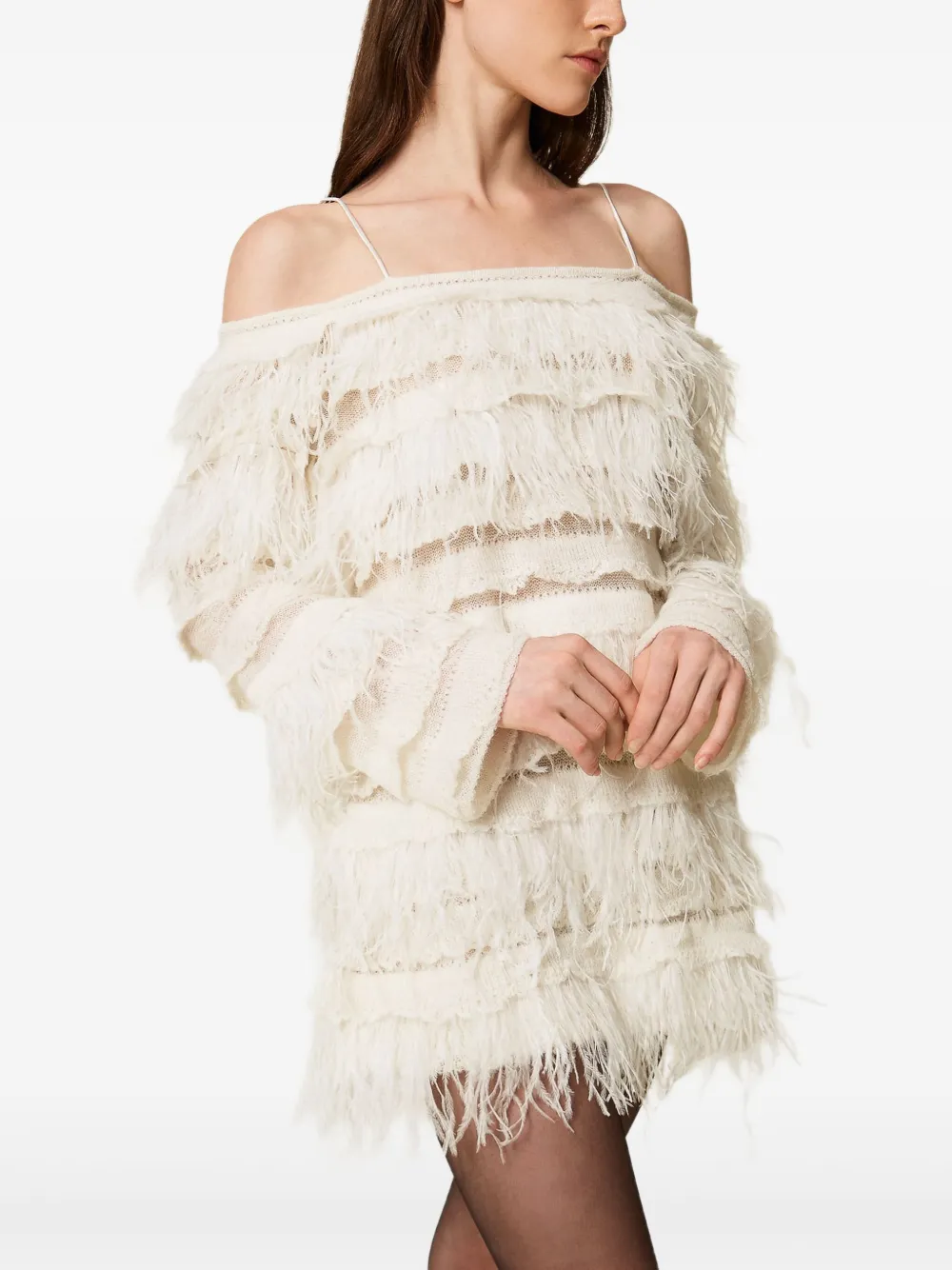 TWINSET Off-shoulder jurk met veren - Wit
