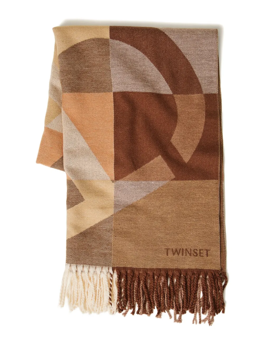 Twinset Geometric-pattern Fringed Scarf In Brown