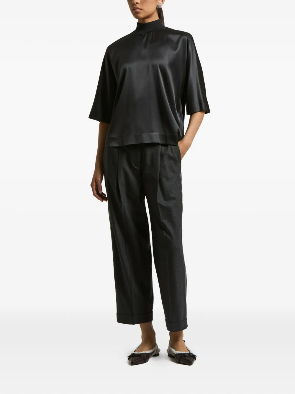 Peserico Top met hoge hals en korte mouwen Zwart