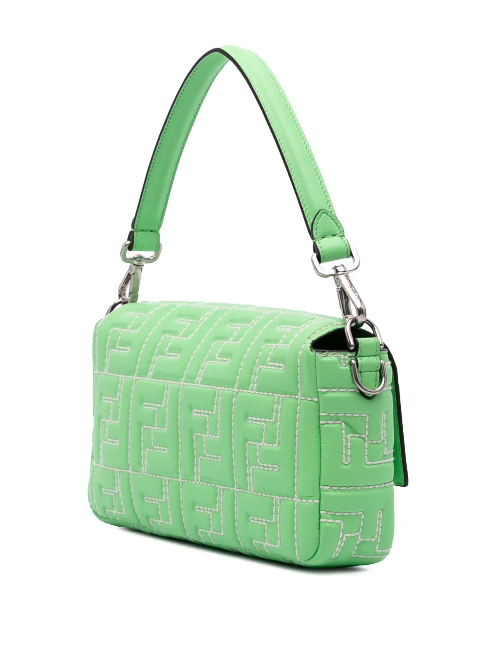 Pre-owned Fendi 2010-2025 Zucca Embossed Stitched Leather Baguette Satchel In Green
