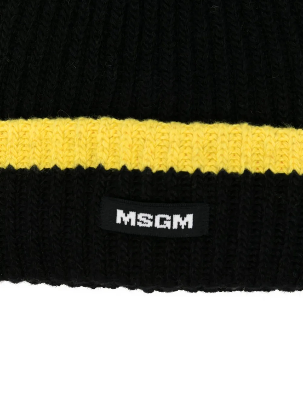 Msgm Ribbed-knit Yellow-band Beanie Hat In Black