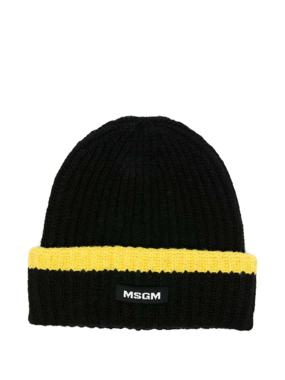 Msgm Ribbed-knit Yellow-band Beanie Hat In Black