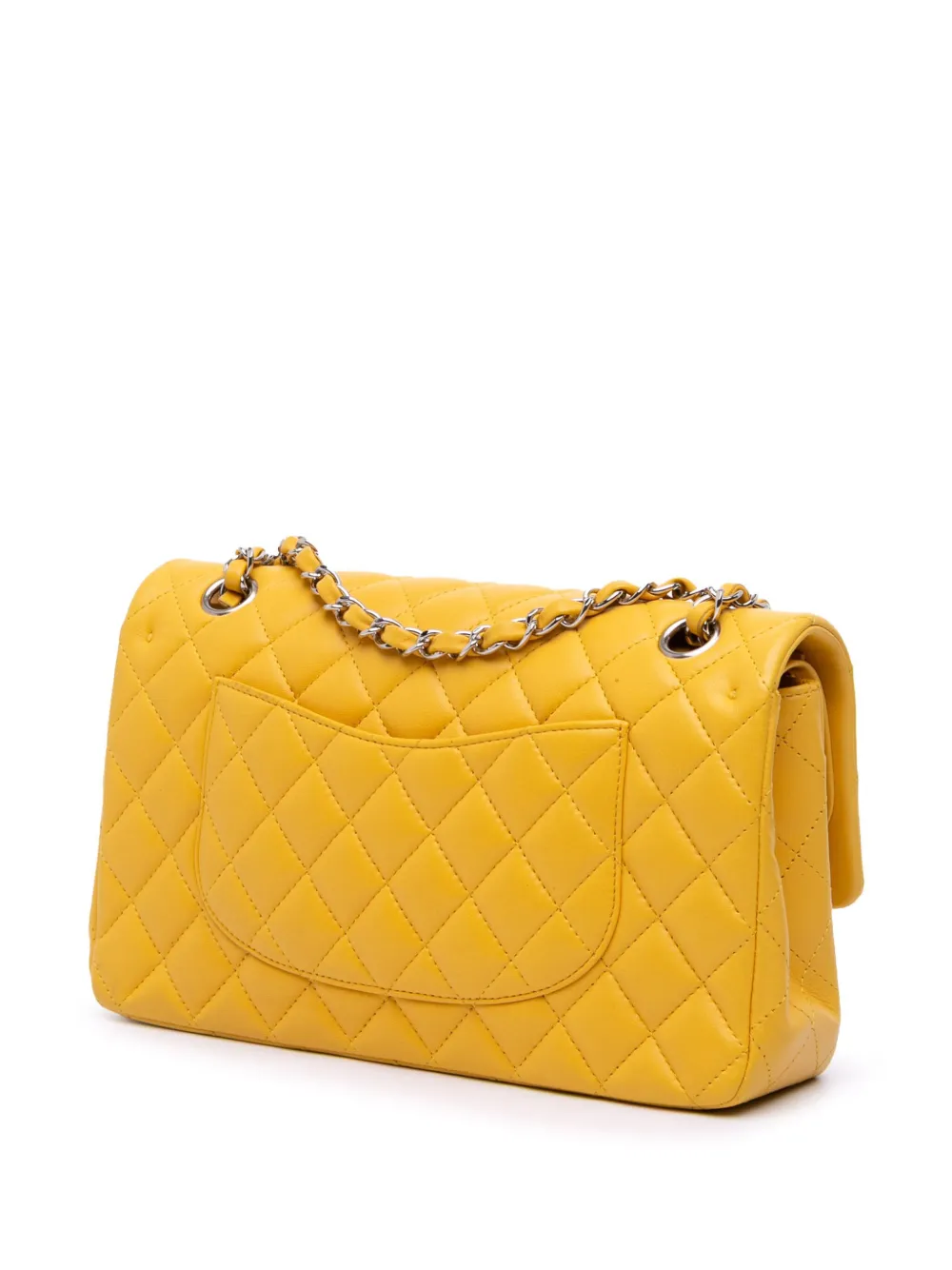 Pre-owned Chanel 2018 Medium Classic Lambskin Double Flap Shoulder Bag In Yellow
