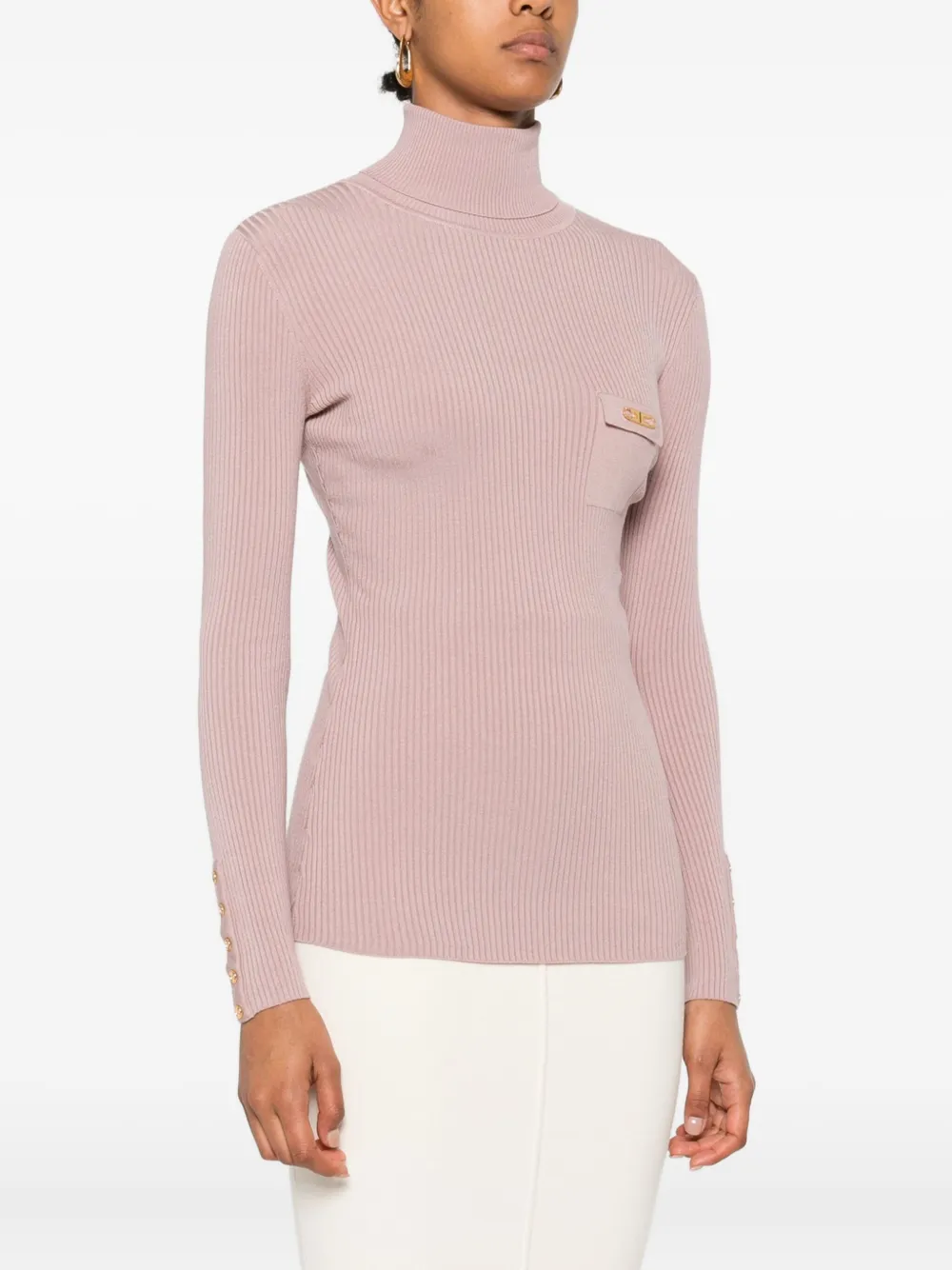 Elisabetta Franchi Ribbed Turtleneck Pocket Sweater In Pink