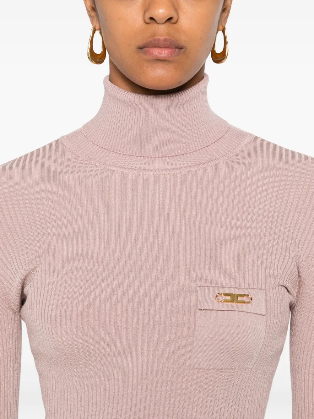 Elisabetta Franchi Ribbed Turtleneck Pocket Sweater In Pink
