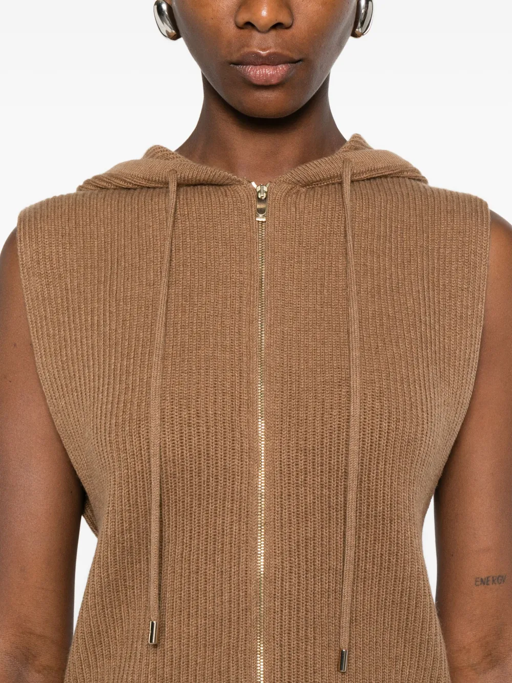 Max Mara Hooded Zip-front Top In Brown