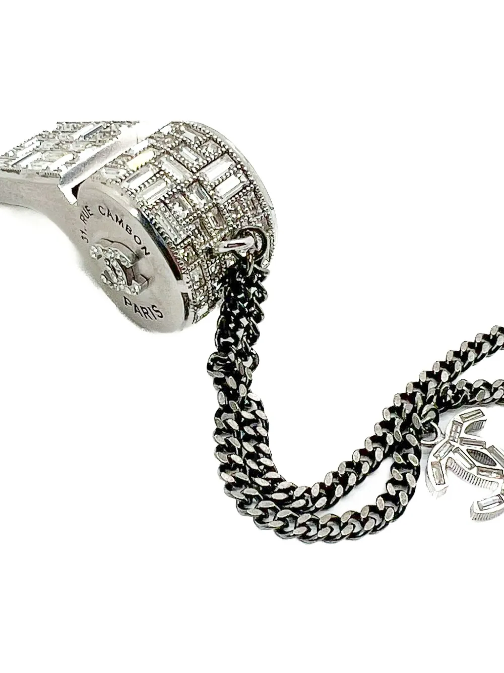 Pre-owned Chanel 2015 Crystal-embellished Whistle Necklace In Silver