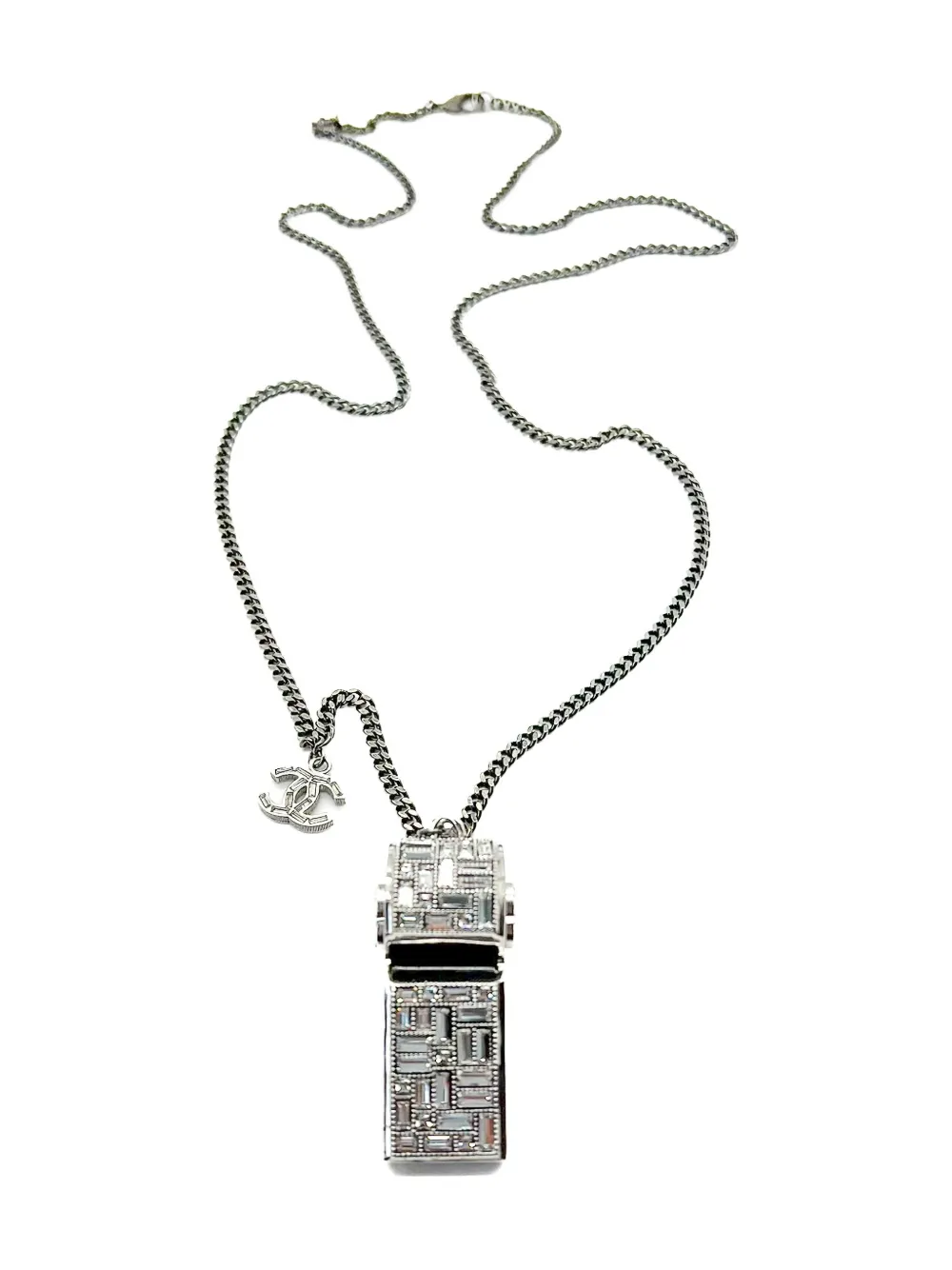 Pre-owned Chanel 2015 Crystal-embellished Whistle Necklace In Silver