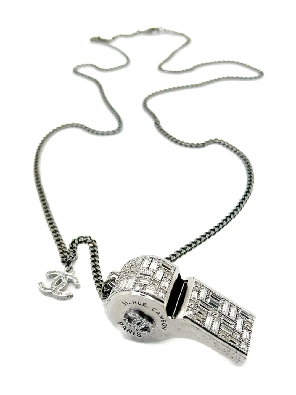 Pre-owned Chanel 2015 Crystal-embellished Whistle Necklace In Silver