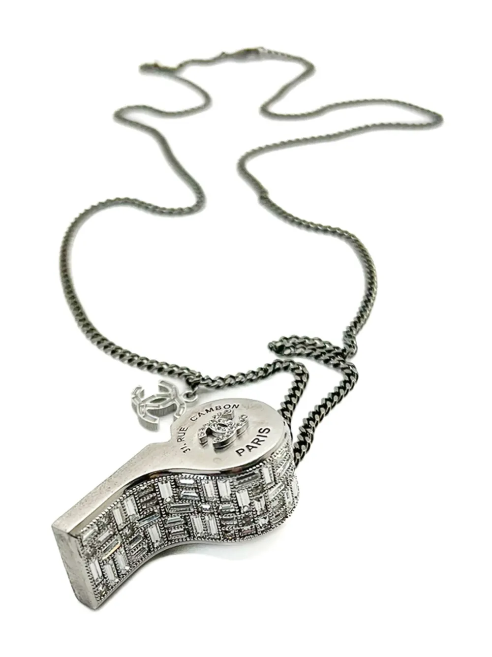 Pre-owned Chanel 2015 Crystal-embellished Whistle Necklace In Silver