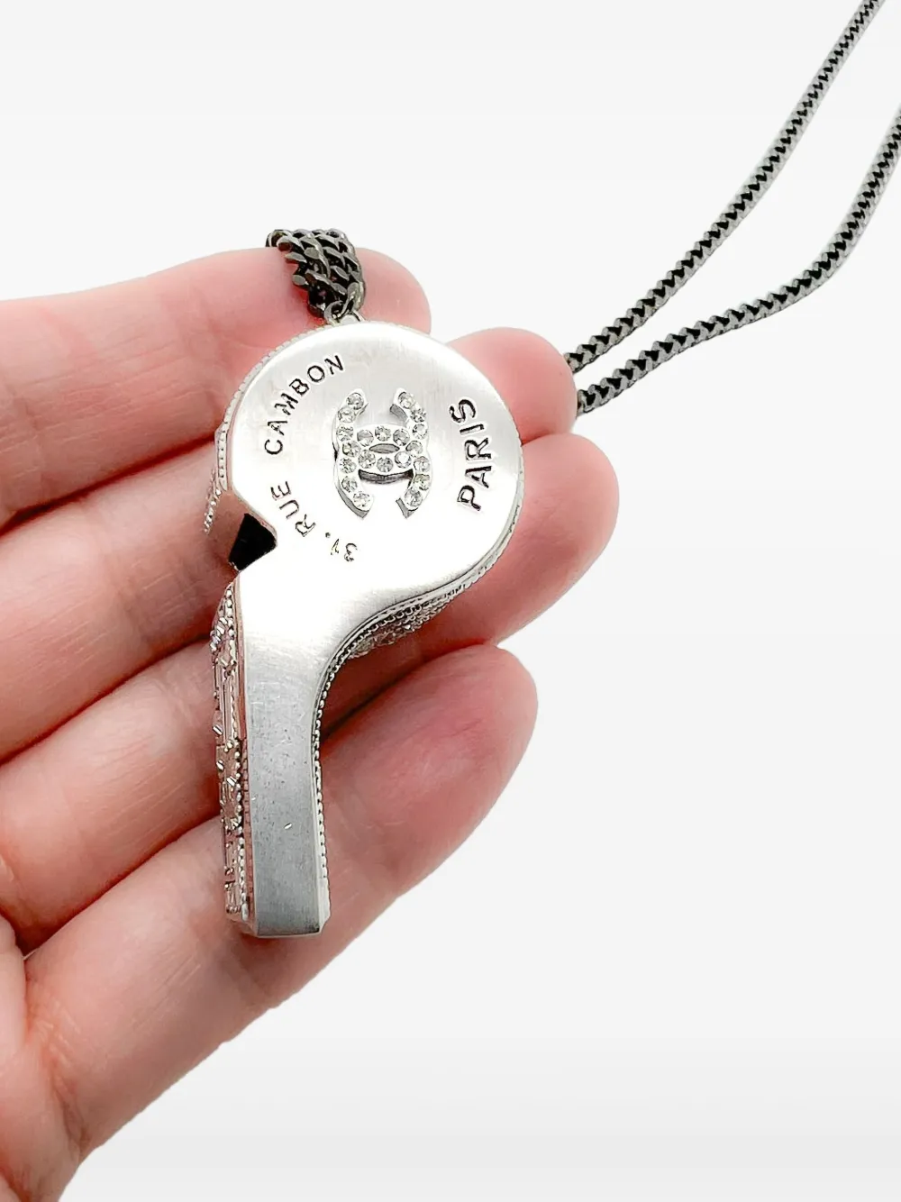 Pre-owned Chanel 2015 Crystal-embellished Whistle Necklace In Silver