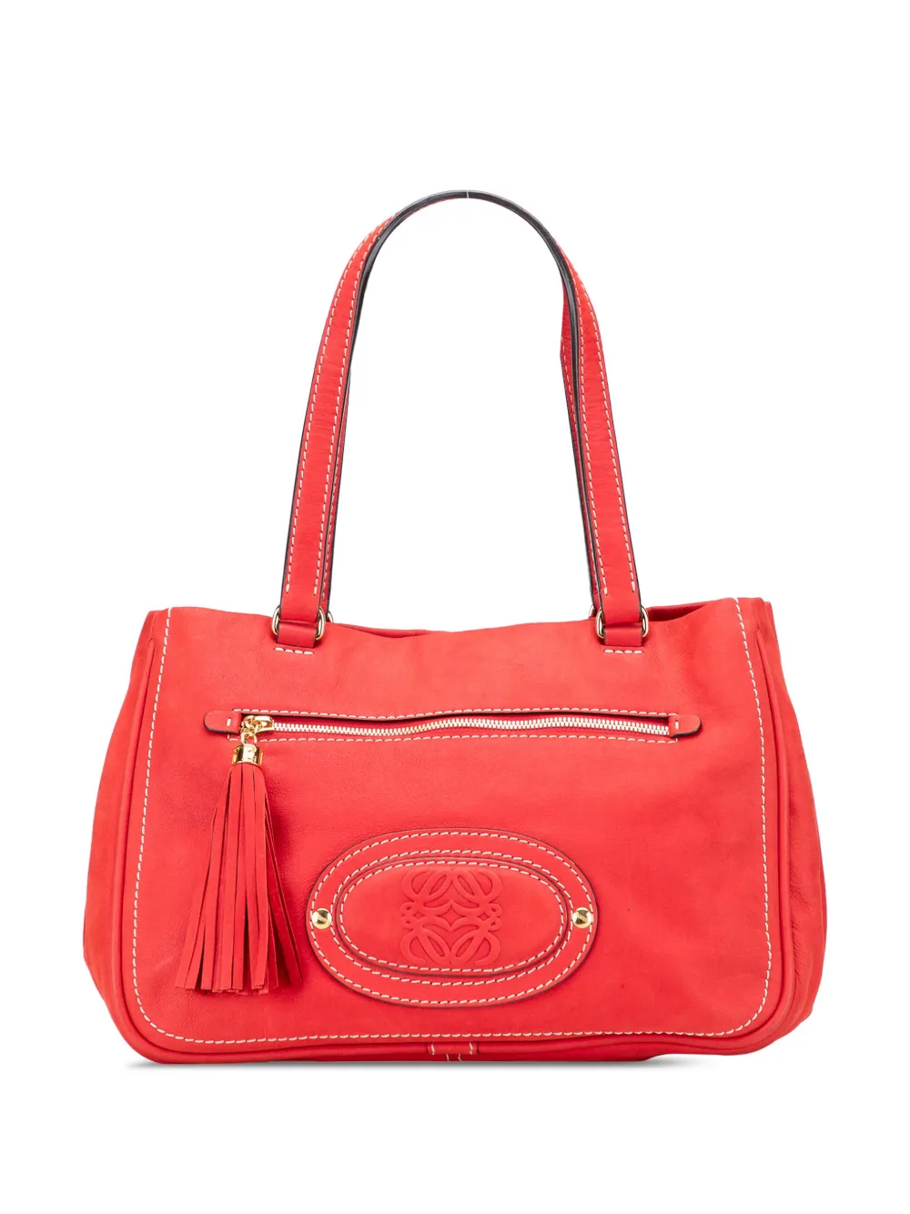 Pre-owned Loewe 2008 Nubuck Anagram Madrid Fringe Shoulder Bag In Red