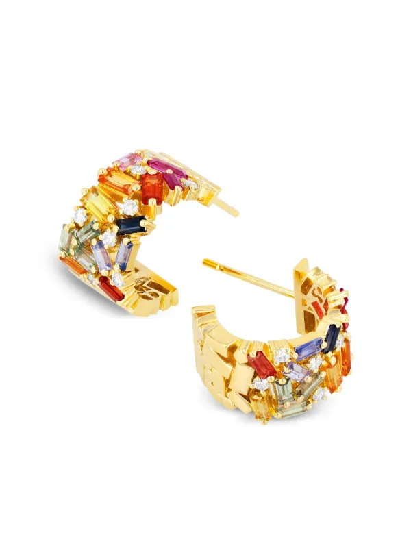Suzanne Kalan Shimmer Rainbow Sapphire Mini Hoops in Gold