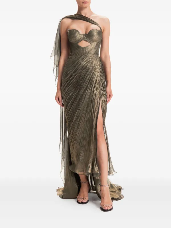 maria lucia hohan one shoulder dress Maria Lucia Hohan Jolene Metallic Plisse One-Shoulder Thigh-Slit Gown