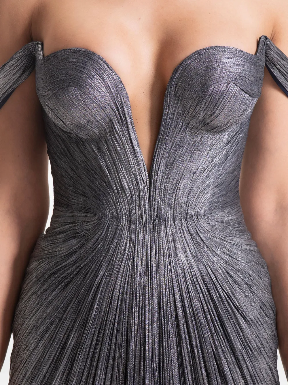 Maria Lucia Hohan Pleated Off-shoulder Maxi Dress In Gray