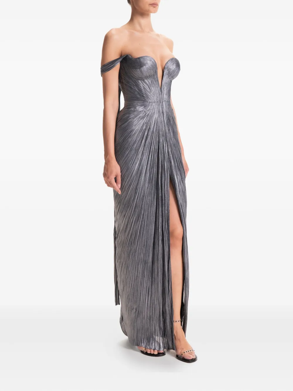 Maria Lucia Hohan Pleated Off-shoulder Maxi Dress In Gray