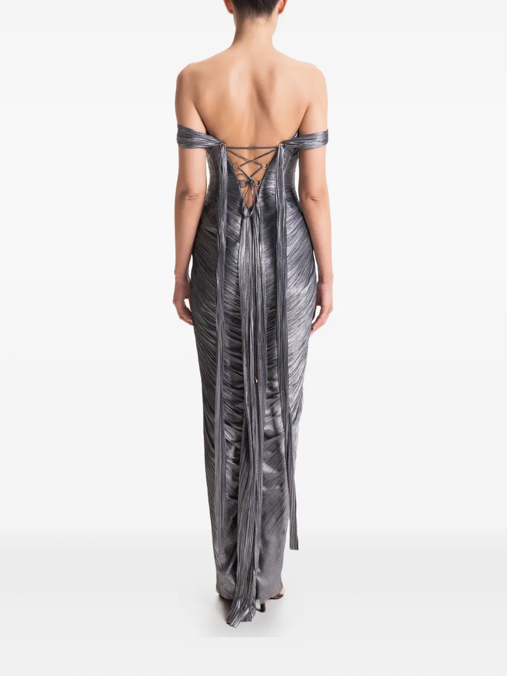 Maria Lucia Hohan Pleated Off-shoulder Maxi Dress In Gray