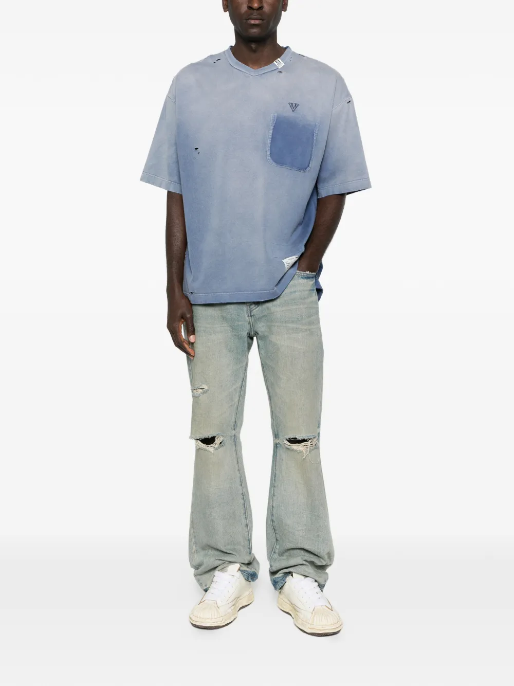 Maison MIHARA YASUHIRO Gerafeld T-shirt met zak en V-hals Blauw