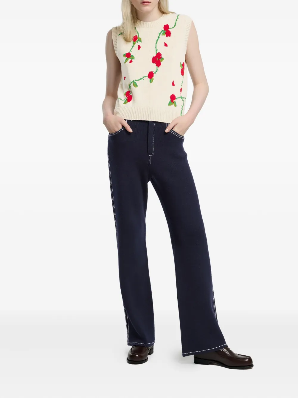 Barrie Mouwloze trui met bloemen jacquard Beige
