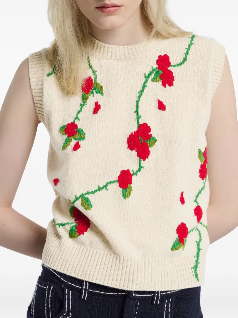 Barrie Mouwloze trui met bloemen jacquard Beige