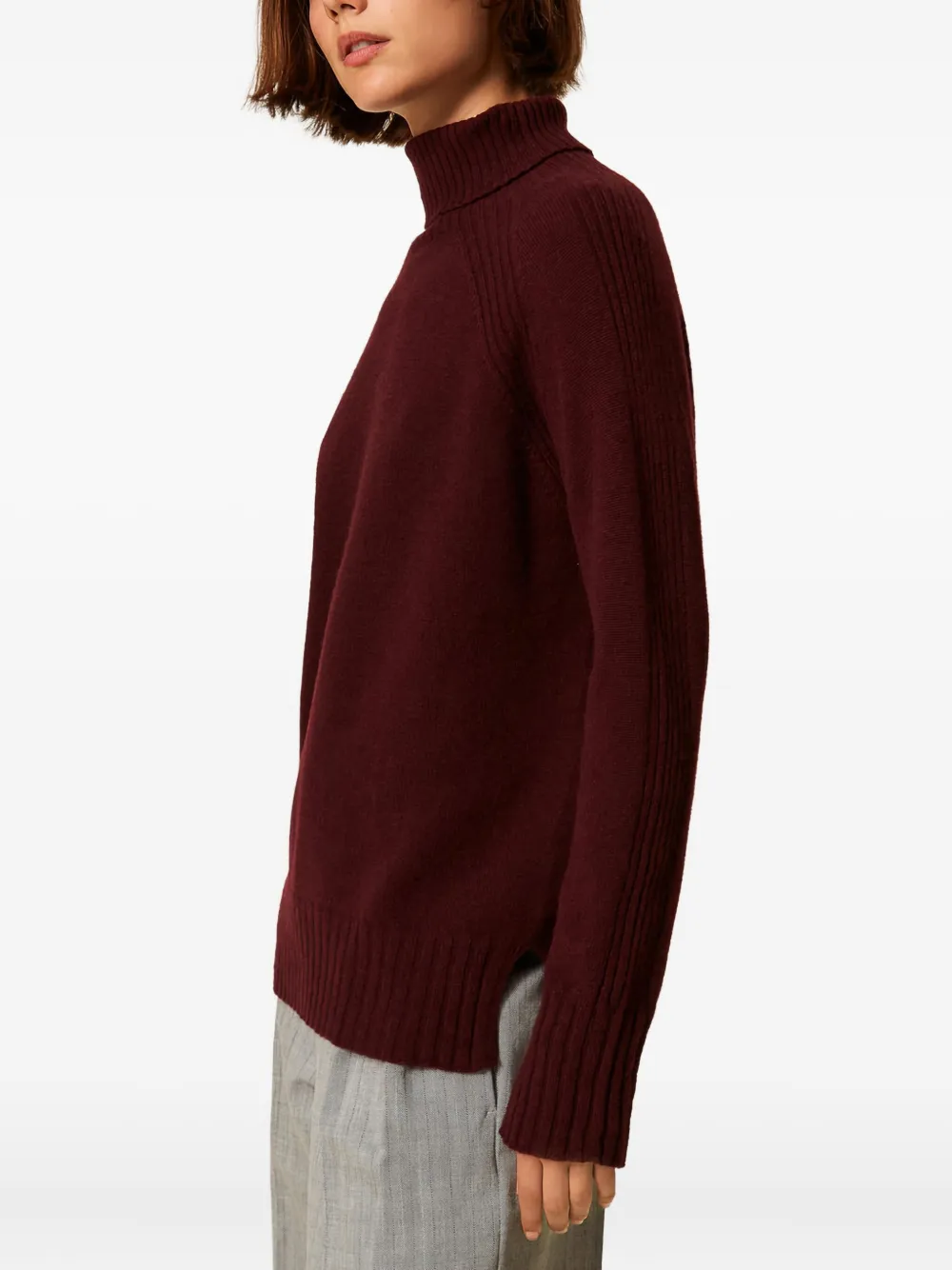 Twinset Turtleneck Ribbed Jumper In Burgundy