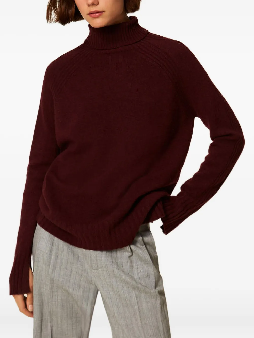 Twinset Turtleneck Ribbed Jumper In Burgundy
