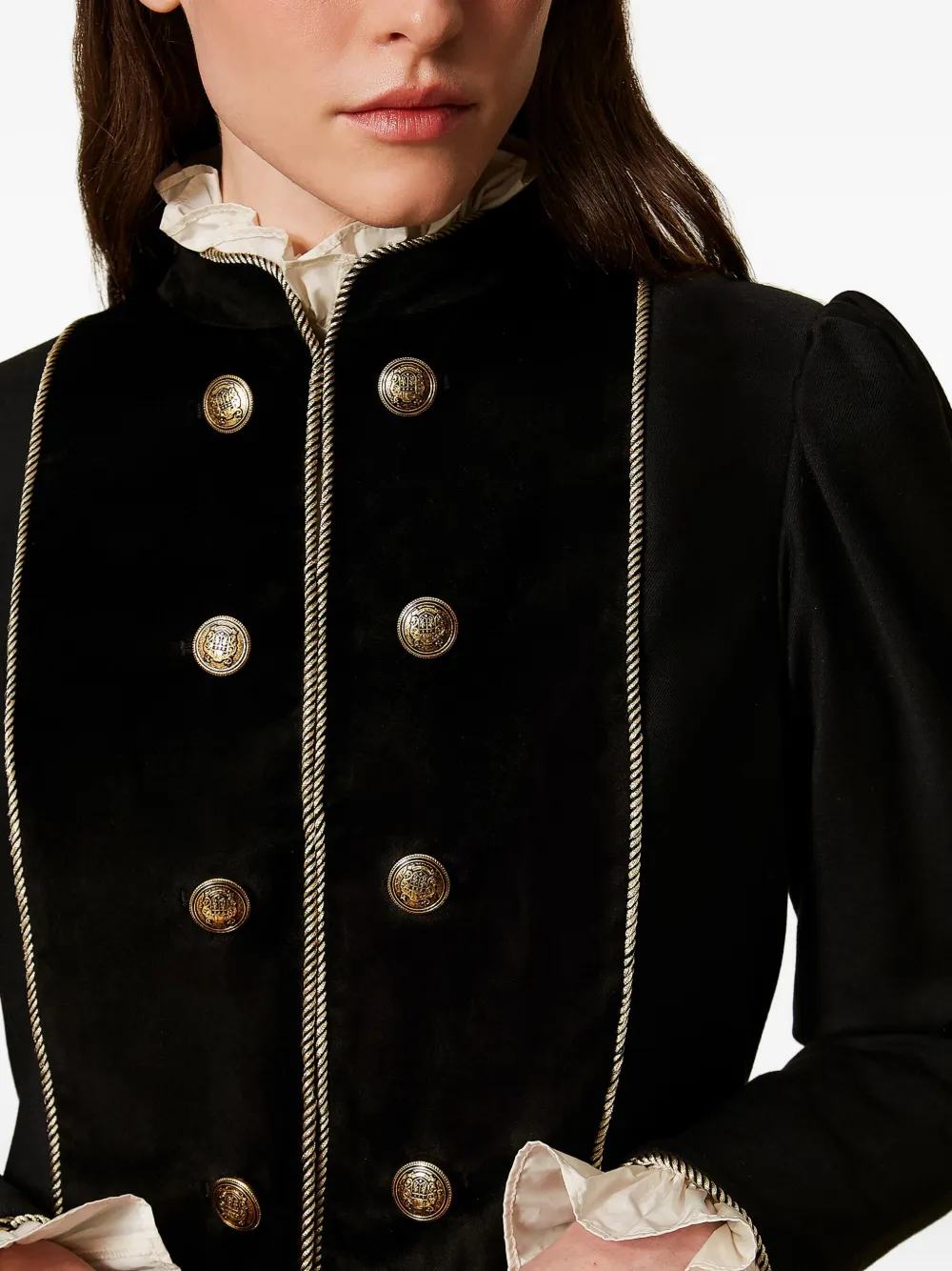 Twinset Velvet-trimmed Puff-sleeve Jacket In Black