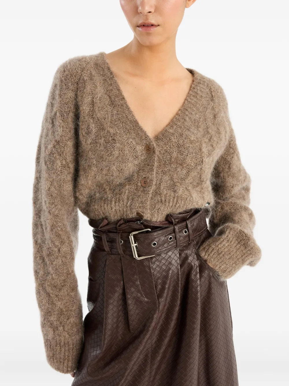 Rotate Birger Christensen Cable-knit Cropped Cardigan In Brown