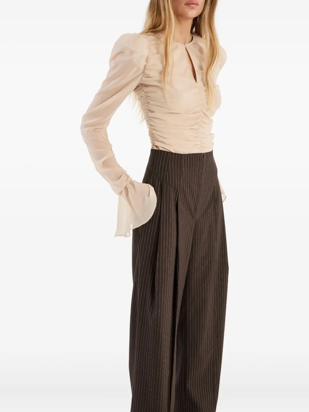 Rotate Birger Christensen Pinstripe Wide-leg Trousers In Brown