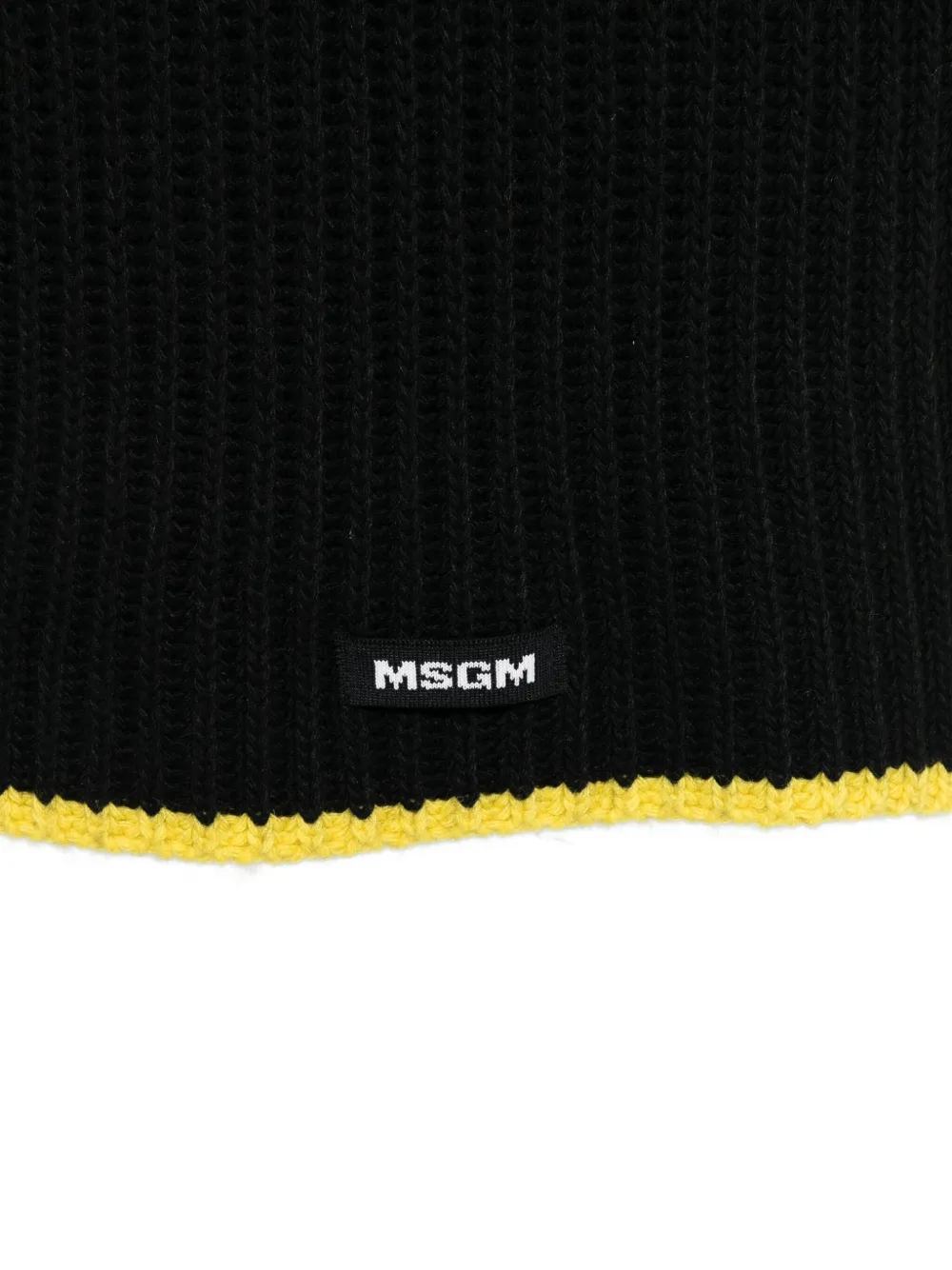 Msgm Ribbed-knit Yellow-trim Scarf In Black