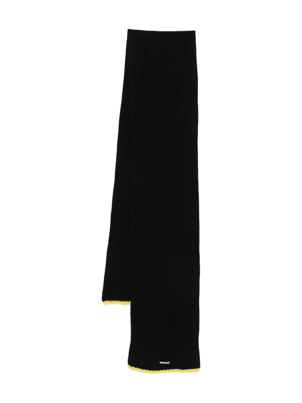 Msgm Ribbed-knit Yellow-trim Scarf In Black