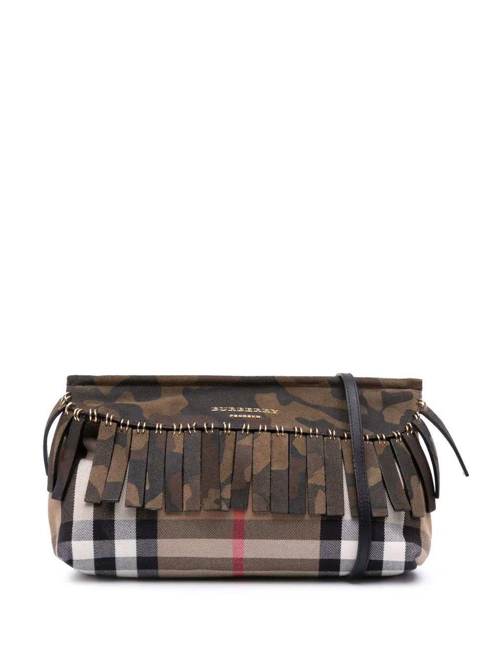Pre-owned Burberry 2000-2017 House Check Canvas And Suede Camouflage Fringe Clutch With Strap Crossbody Bag In Brown