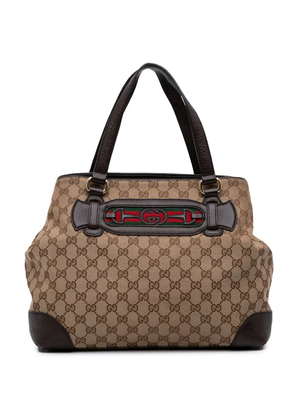 Pre-owned Gucci 2016-2025 Medium Gg Canvas Web Dressage Tote Bag In Brown