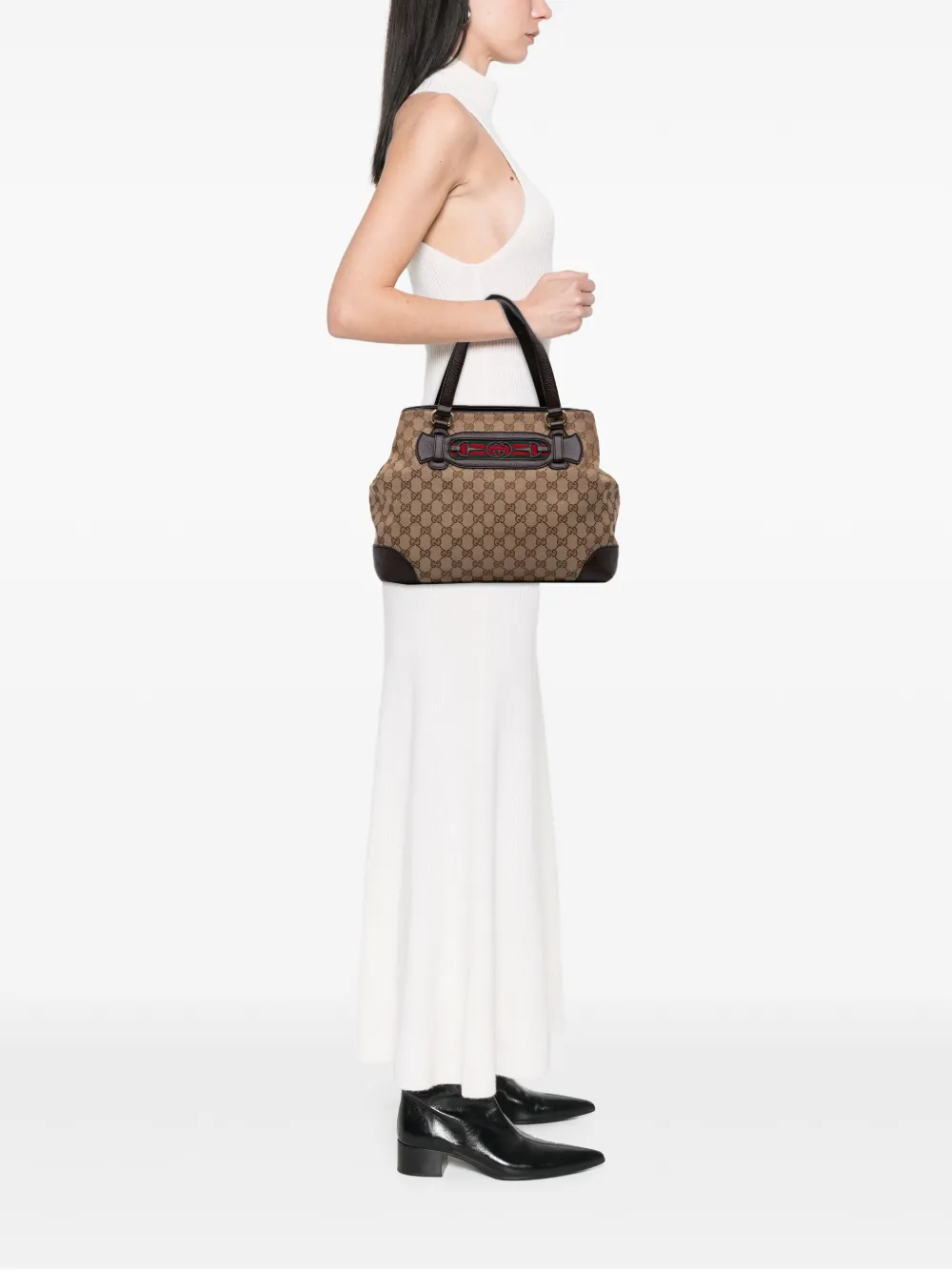 Pre-owned Gucci 2016-2025 Medium Gg Canvas Web Dressage Tote Bag In Brown