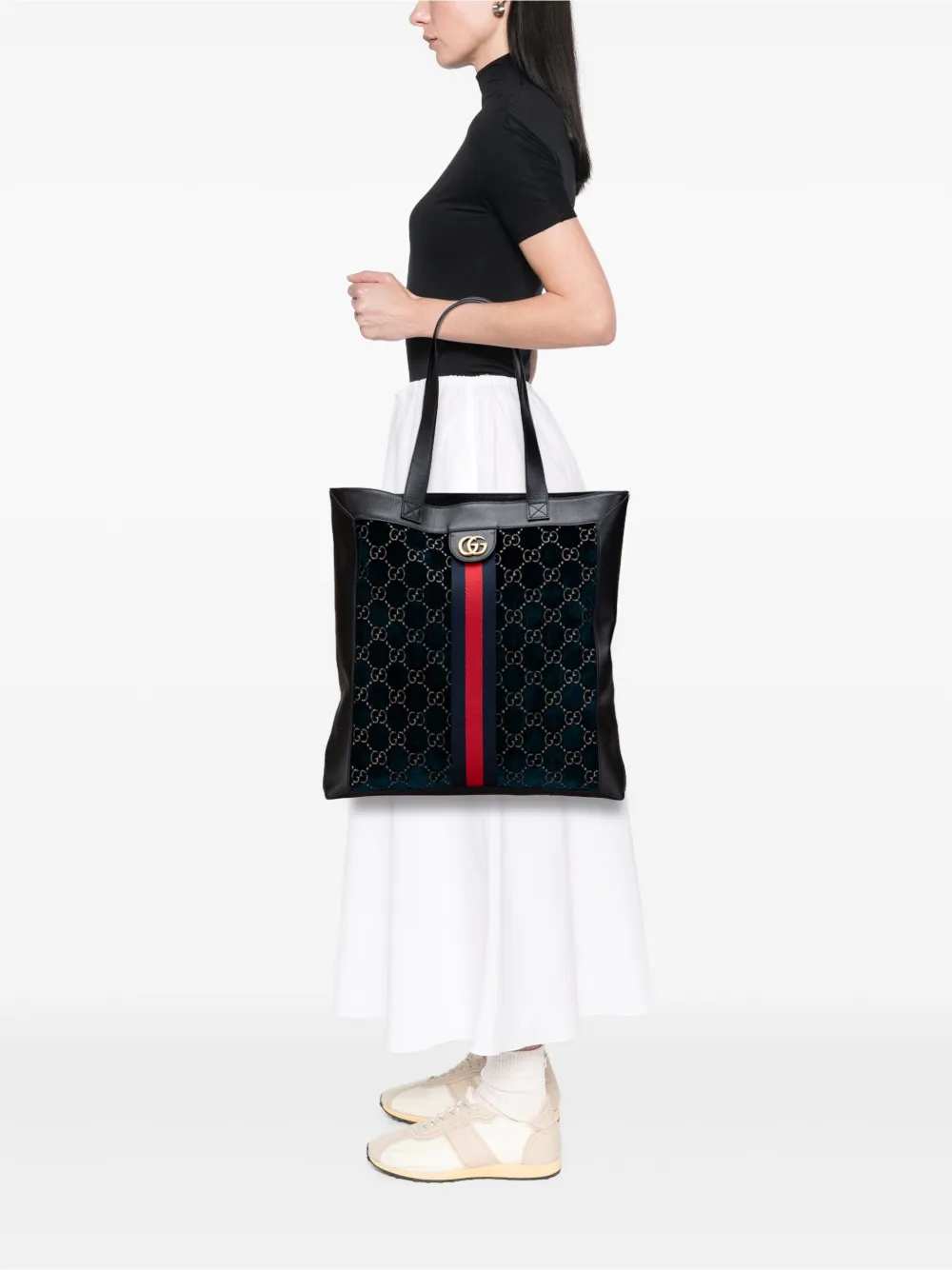 Pre-owned Gucci 2016-2025 Large Gg Velvet Web Ophidia Tote Bag In Blue