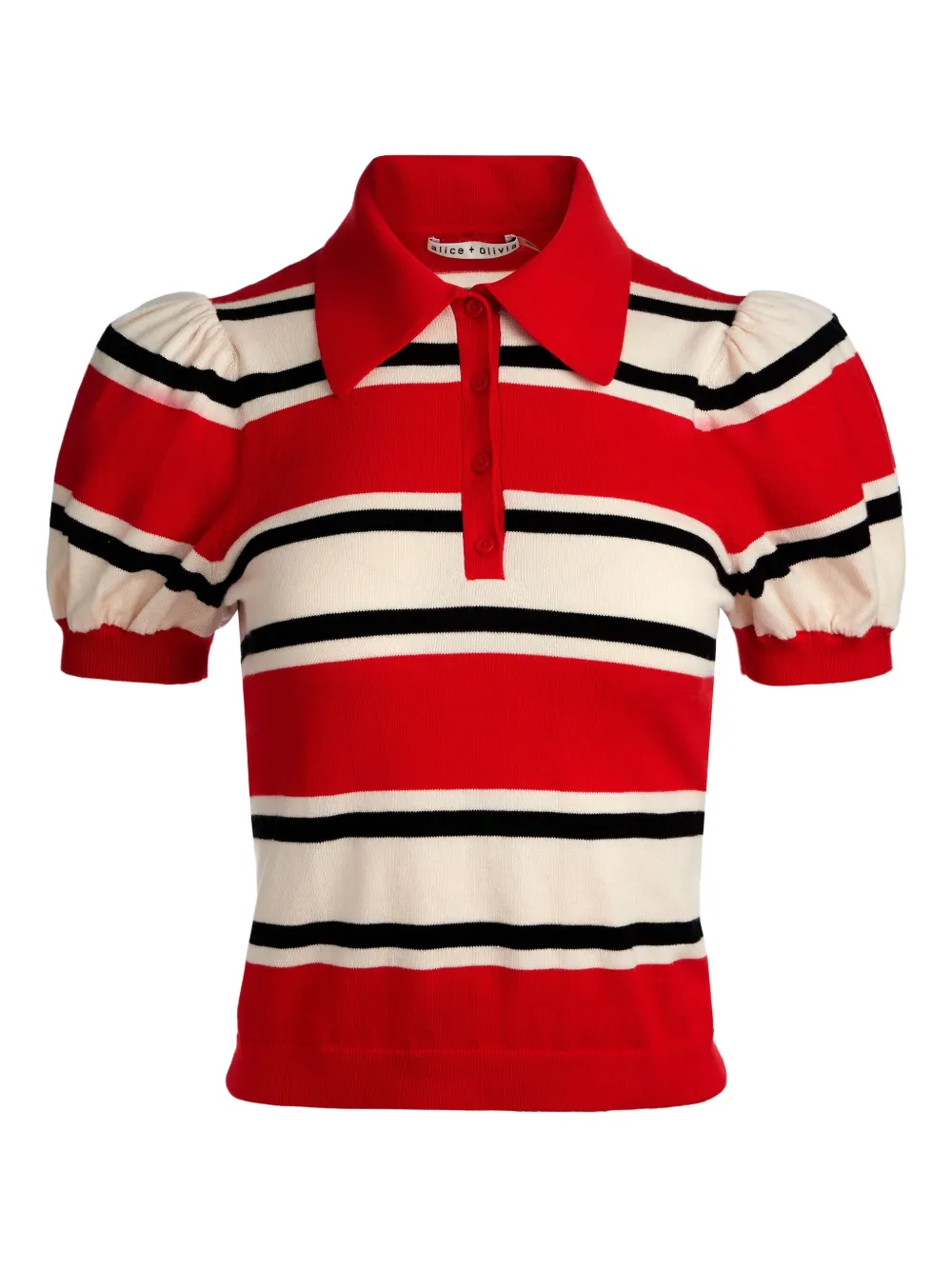 Alice And Olivia Ramona Striped Puff-sleeve Polo Shirt In Red