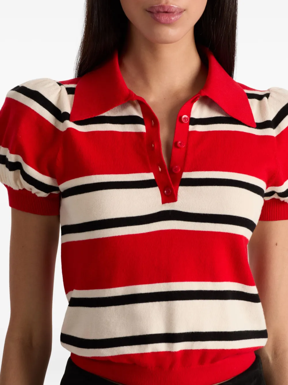 Alice And Olivia Ramona Striped Puff-sleeve Polo Shirt In Red