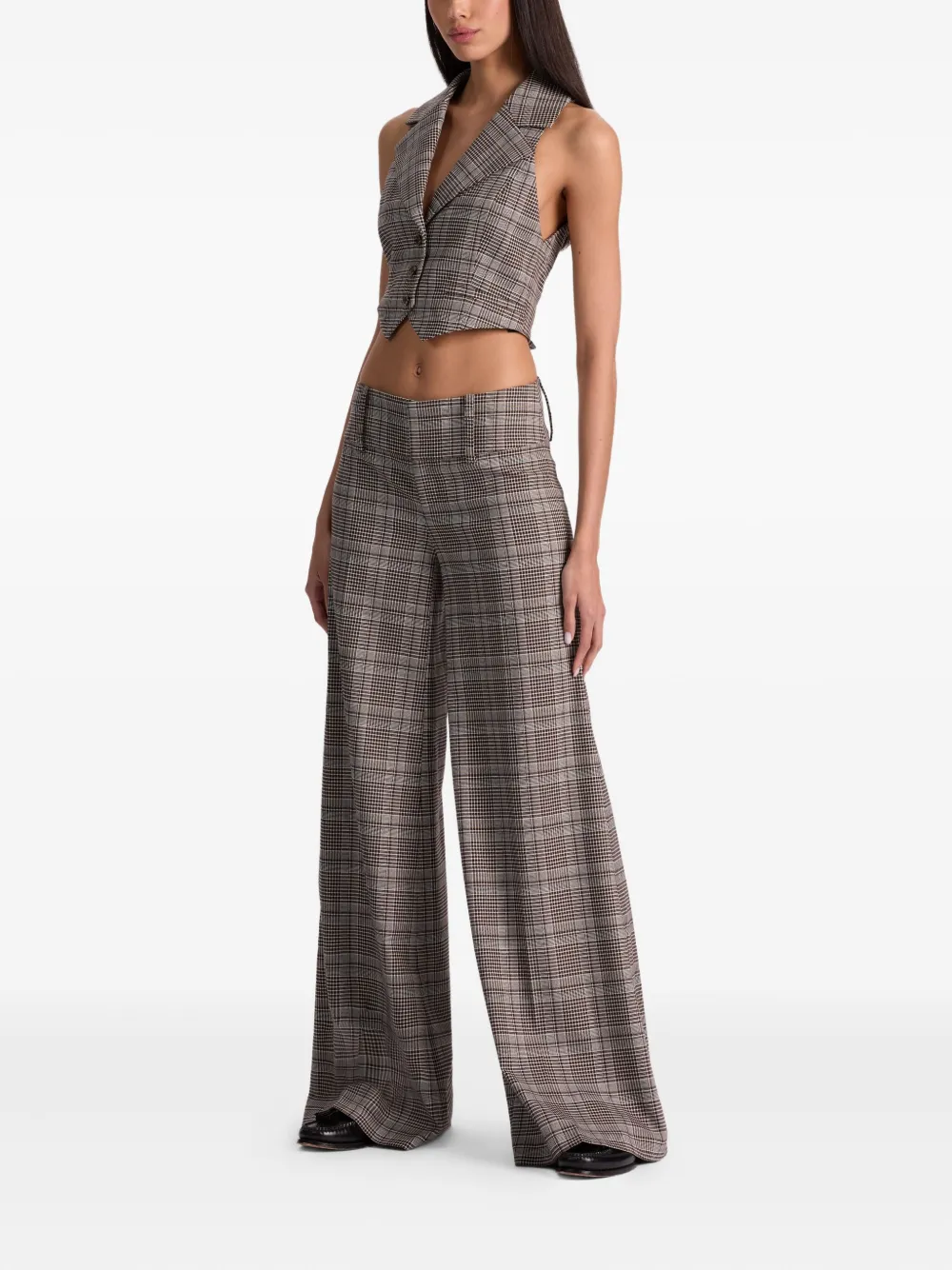 Alice And Olivia Olivia Plaid Low-rise Wide-leg Pants In Brown