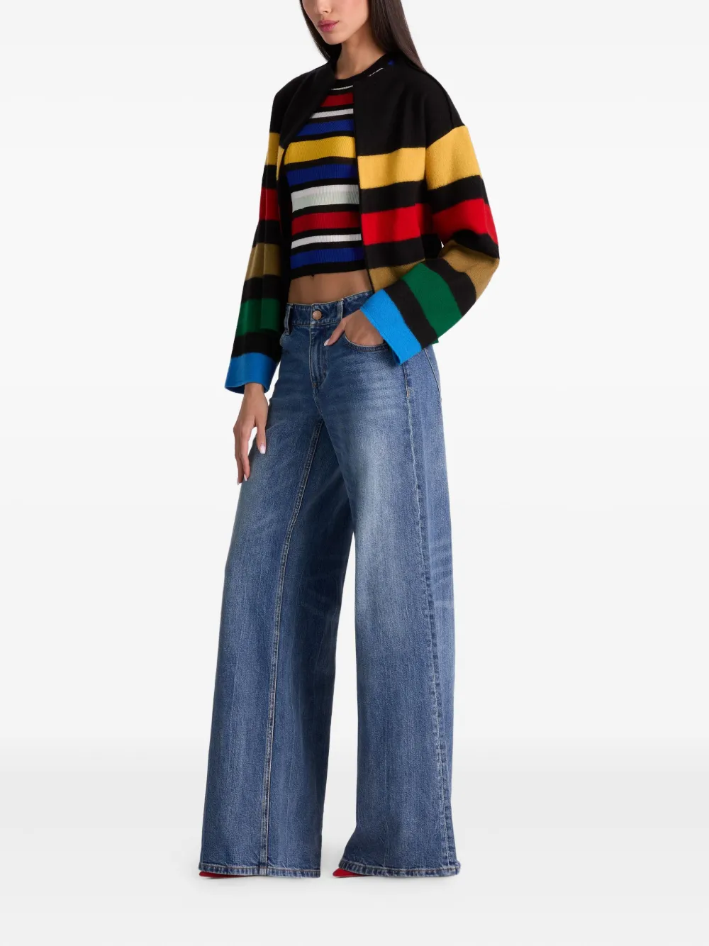 Alice And Olivia Striped Collared Sweater Jacket In Black