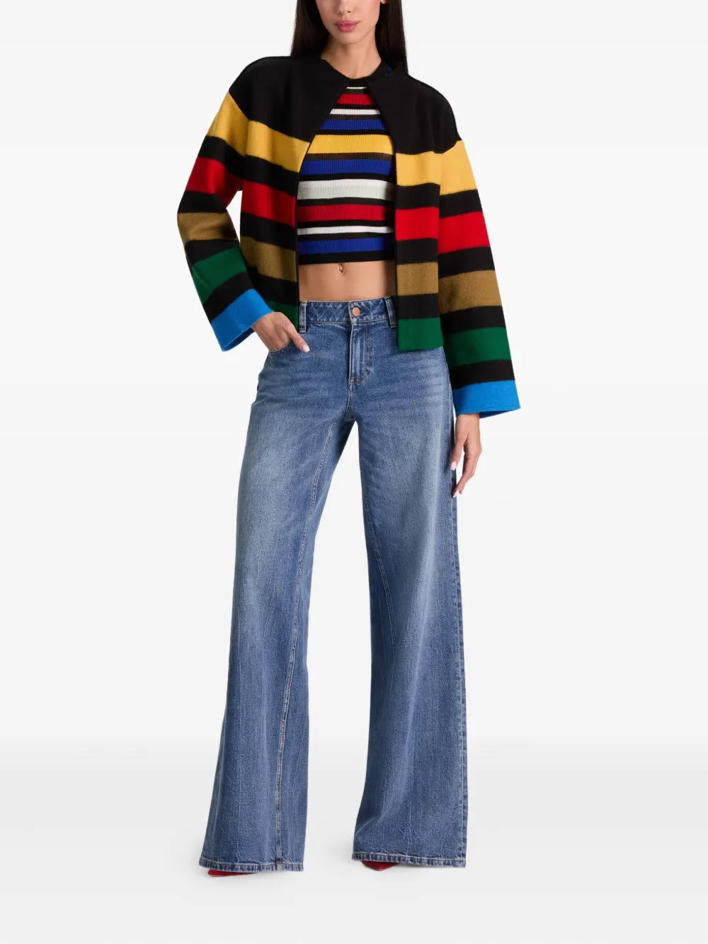 Alice And Olivia Striped Collared Sweater Jacket In Black