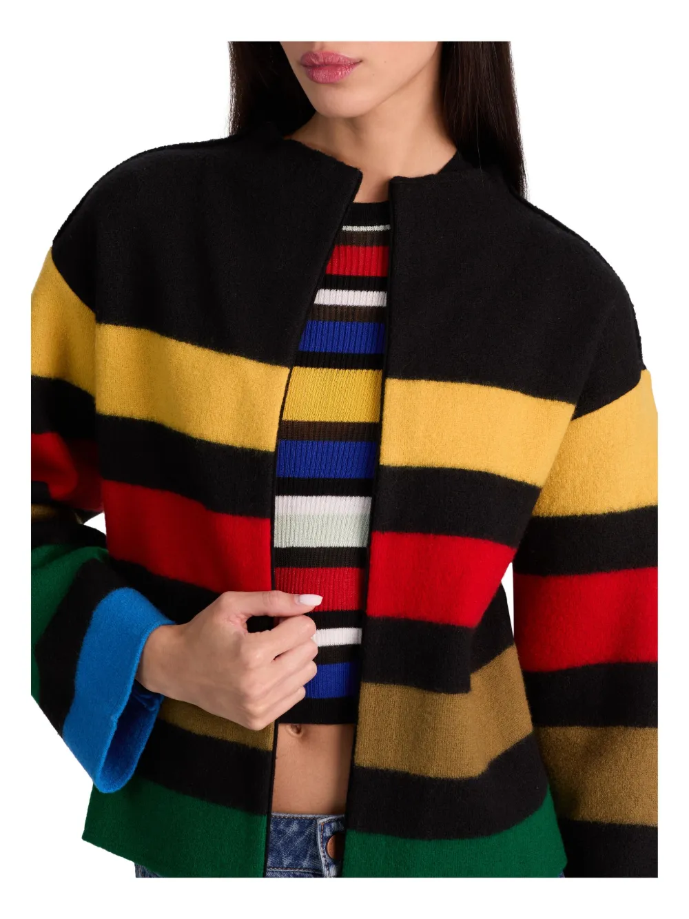 Alice And Olivia Striped Collared Sweater Jacket In Black