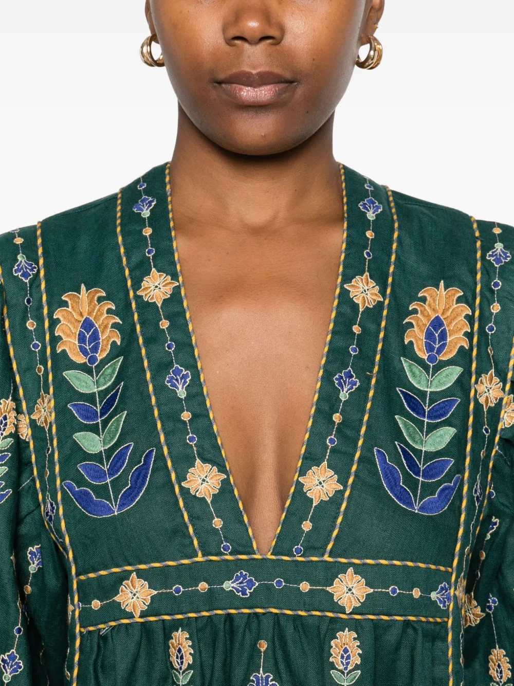 Farm Rio Green Pineapple Embroidered Euroflax Premium Linen Tunic Maxi Dress In Green