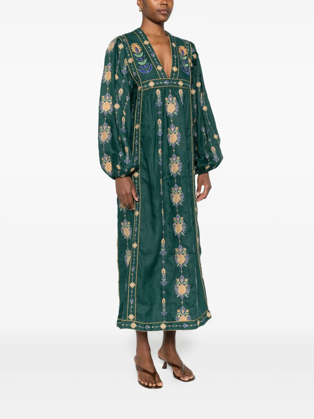 Farm Rio Green Pineapple Embroidered Euroflax Premium Linen Tunic Maxi Dress In Green