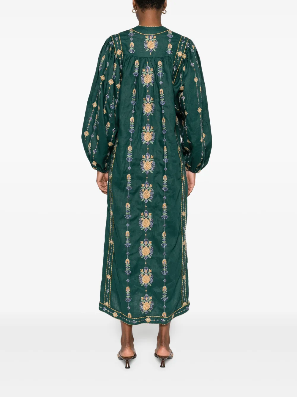 Farm Rio Green Pineapple Embroidered Euroflax Premium Linen Tunic Maxi Dress In Green