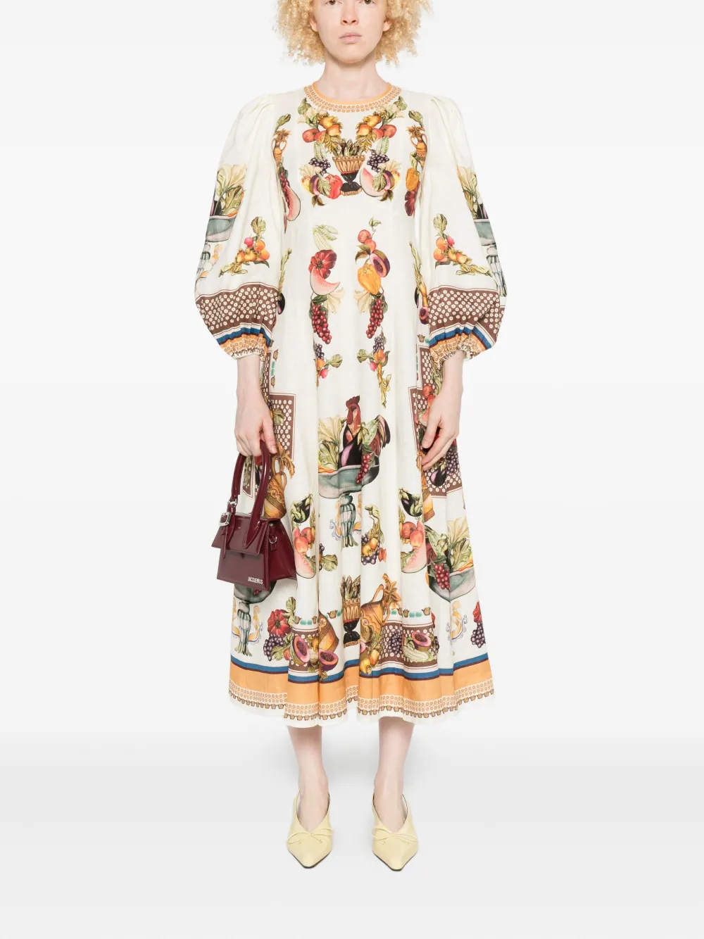 ALEMAIS Mercado fruit-print puff-sleeve midi dress - Wit